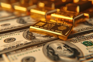 Wealthy Assets: Hundred Dollar Bills Amidst Gold Bars and Bitcoins