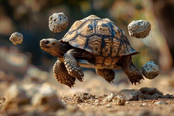 A tortoise is energetically floating  through the dirt, with balls shooting out from its shell - obrazy, fototapety, plakaty