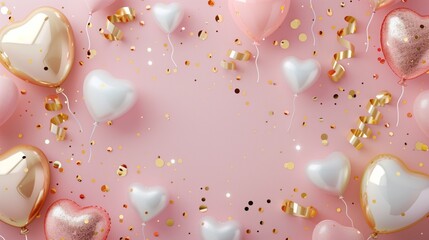 Heart-shaped balloons with gold confetti on a pastel pink background - obrazy, fototapety, plakaty