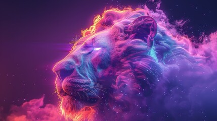 A 3D render of a colorful cloud with glowing neon in the shape of a majestic lion - obrazy, fototapety, plakaty
