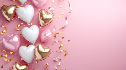 Festive heart-shaped balloons with golden confetti on pink background