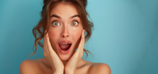 A woman with green eyes and red hair is making a surprised face. Photo of pretty impressed lady hands touch cheeks open mouth empty space isolated on blue color background