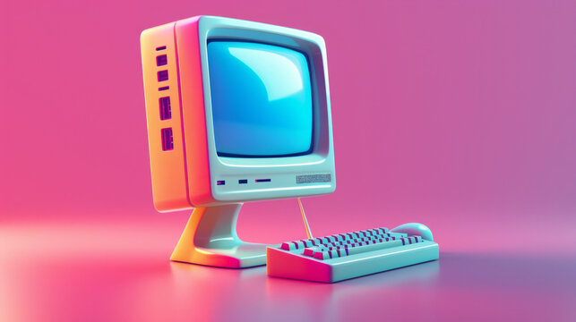 A computer monitor and keyboard are on a pink background