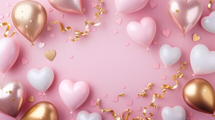 Festive balloons with golden ribbons on a pink background