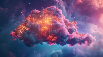 A 3D render of a colorful cloud with glowing neon, symbolizing the essence of life