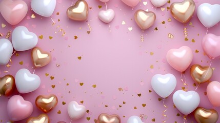 Assortment of heart-shaped balloons over a festive pink backdrop