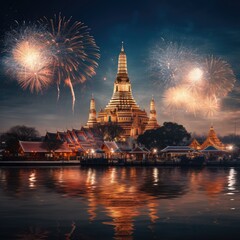 A photograph of a landscape in Thailand with a fountain lit on a beautiful night and a background with a beautiful pagoda in Thai culture.