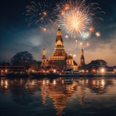 A photograph of a landscape in Thailand with a fountain lit on a beautiful night and a background with a beautiful pagoda in Thai culture.