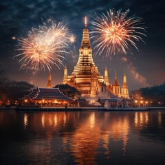 A photograph of a landscape in Thailand with a fountain lit on a beautiful night and a background with a beautiful pagoda in Thai culture.