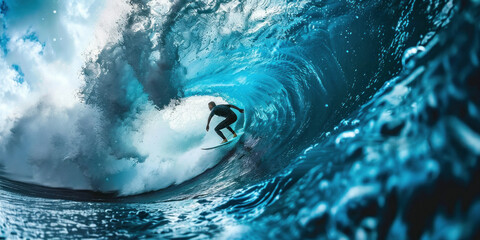 Brave surfer riding giant wave in the middle of vast and beautiful blue ocean waters with skill and style