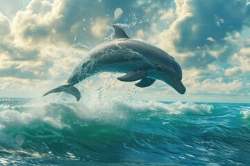Fototapeta premium Majestic Dolphin Vaulting in Aquamarine Horizon