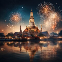 A photograph of a landscape in Thailand with a fountain lit on a beautiful night and a background with a beautiful pagoda in Thai culture.