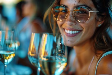 Joyful woman wearing glasses smiling with wine glasses in foreground at a social gathering