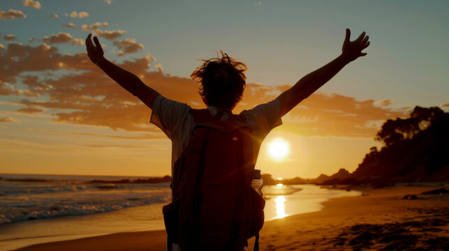 Happy man raising arms while enjoying sunset on beach.