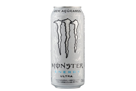 S&Atilde;O PAULO, BRAZIL - APRIL 07, 2024 A CAN OF MONSTER ENERGY DRINK ULTRA 473 ml, Iced DRINK, WHITE BACKGROUND	