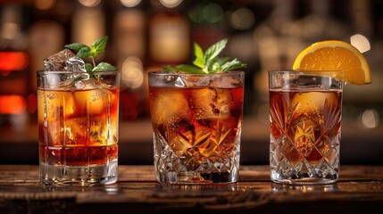 Three glasses of alcoholic beverage rest on the bar