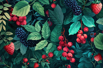 Berries and Leaves Seamless Pattern on Dark Background for Textile Design, Illustration, Wallpaper, Print, Packaging Design