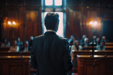 Rear view of a male lawyer speaking to judges and audience in a formal courtroom atmosphere, symbolizing legal proceedings, justice, and law practice. - obrazy, fototapety, plakaty