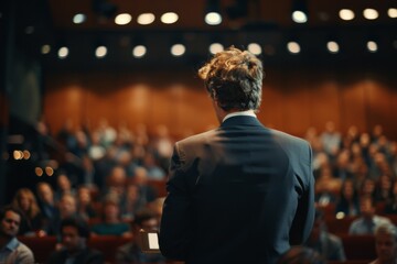 Rear view of a confident man delivering a business presentation to a diverse audience in a bright conference hall.