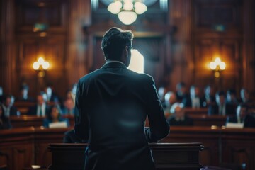 Focused view of a confident male lawyer giving a speech in a courtroom setting with blurred audience.