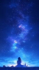 Obraz na płótnie Canvas Anime illustration young woman sitting starry sky picnic shooting stars Milky Way