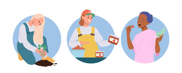 Process of strawberry planting, growing, cultivation and production isolated round icon set