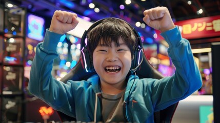 Excited japanese kid boy gamer wins an e-sports