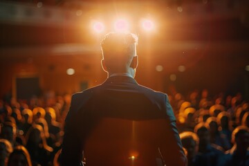 Rear view of a confident man addressing an audience at a professional business conference in a well-lit hall.