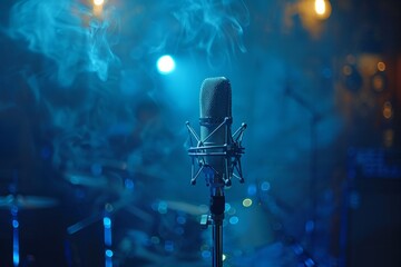 Professional microphone studio podcast stream interview platform radio with micrecording voice singing in bright record studio audio quality equipment content music media entertainment