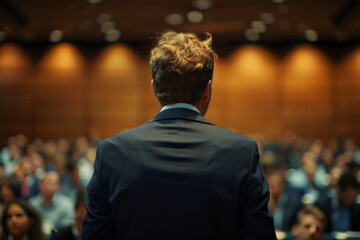 Focused businessman presenting to an audience at a corporate event in a large conference hall.