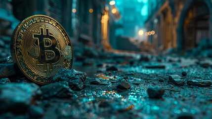 Close view of a Bitcoin in a nightmarish setting, with a contrasting distant blue light adding intrigue - obrazy, fototapety, plakaty