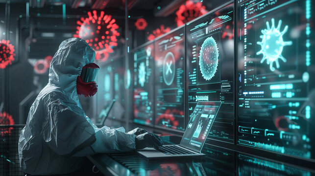 Depict the tension and urgency of a system administrator trying to contain a viral outbreak in a 3D rendering