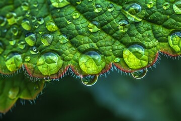 Magnified view of droplets clinging to a leaf - obrazy, fototapety, plakaty