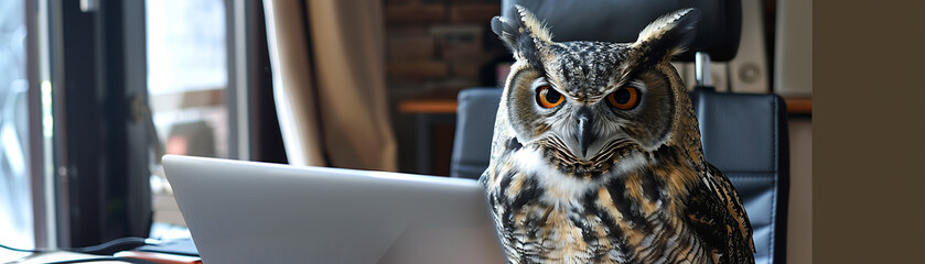 A brown owl is sitting on a desk in front of a laptop - obrazy, fototapety, plakaty
