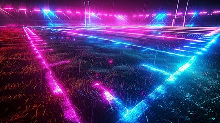 A dazzling 3D render of glowing neon rugby field on a black background