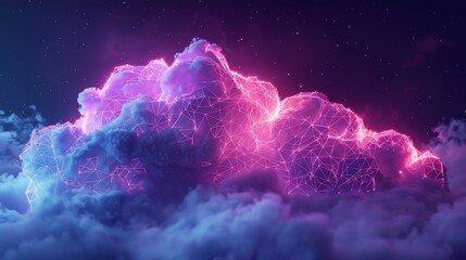 A dreamy 3D render of a neon cloud with geometric patterns, against a backdrop of celestial purple