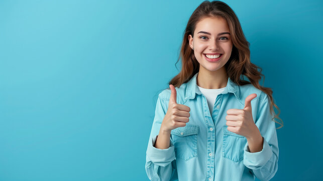 A woman is smiling and giving a thumbs up. The image conveys a positive and happy mood. Photo of adorable confident lady dressed shirt showing two thumbs up isolated blue color background