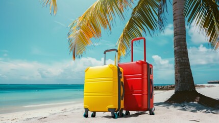 Yellow and red suitcases on a sandy beach with a tropical seascape - obrazy, fototapety, plakaty