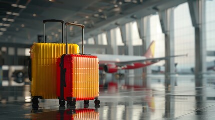Two vibrant suitcases in an airport terminal with an airplane in the background - obrazy, fototapety, plakaty
