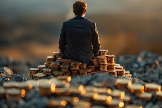 The image shows a man in a suit sitting atop a large pile of coins, contemplating investments, wealth, success, or perhaps the solitude of financial pursuit
