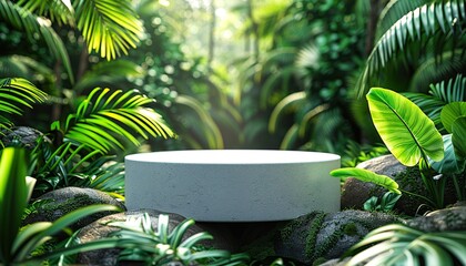 White podium in tropical forest for product presentation 