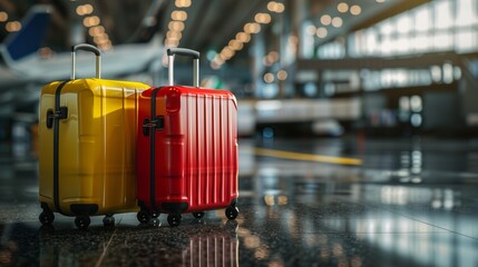 Two colorful suitcases at an airport terminal with a blurry airplane background - obrazy, fototapety, plakaty