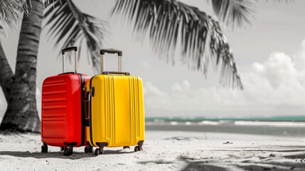 Vibrant red and yellow suitcases on a monochrome beach landscape