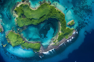 Aerial view of an island with lush greenery and pristine blue waters, forming the shape of a heart in vibrant colors