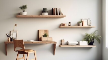 A shelving unit with books and a table in a very neat interior. - obrazy, fototapety, plakaty