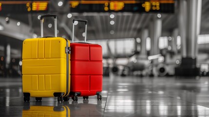 Yellow and red suitcases in an airport terminal with a blurred background - obrazy, fototapety, plakaty