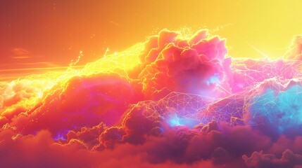 A vibrant 3D render of a neon-lit cloud with geometric designs