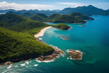 Fototapeta na wymiar Aerial view of the beautiful coastline with lush green mountains and sandy beaches in Brazil