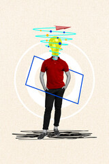 Vertical photo collage standing young headless man lightbulb instead face smart plan idea find...