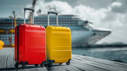 Bright red and yellow suitcases on dock with cruise ship in background